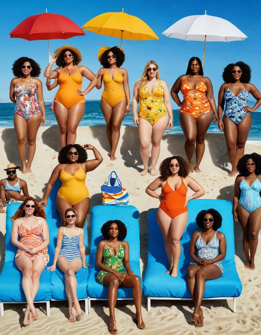 A diverse group of individuals confidently enjoying a sunny beach, showcasing vibrant beach fashion that reflects body positivity. Include flowing swimsuits, stylish cover-ups, and accessories in a variety of colors and patterns. The scene should radiate warmth and positivity, with gentle waves and a clear blue sky in the background. Add playful beach elements like umbrellas and lounge chairs. super-realistic. vibrant colors. bright, sunny atmosphere.